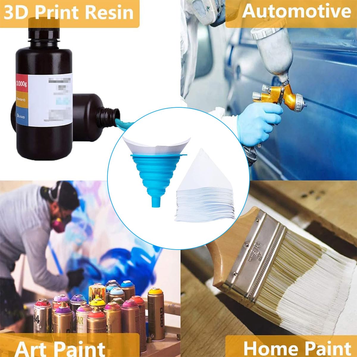 50 Pezzi Filtro in Resina Monouso con Imbuto in Silicone Pieghevole, Filtro per Vernice, Carta Filtro Conica di Nylon, Filtri Per Vernice a Cono Di Carta per Vernici Artigianato Arti Automobilistiche