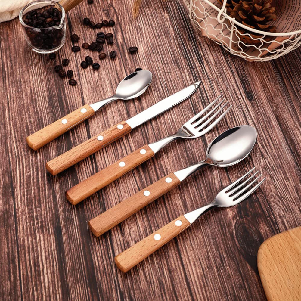 Besteck Set, Steak Besteck Set Lebensmittelechtes Edelstahl-Besteck Set 6 Personen, 30-teiliges Geschirr,Griff aus Holz Essgeschirr für Zuhause und Restaurant, Hochzeit, Halloween, Weihnachten