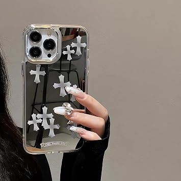 Compatible with iPhone 16 Pro Max Cute Glossy Mirror Back Case,White Cross Pattern,Senior Shockproof Protection Case for Women Girls