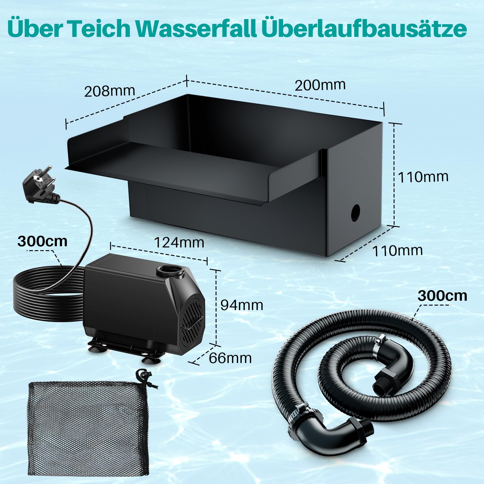 Biling Teich Wasserfall für Gartenteich, 20cm Edelstahl Teichwasserfall Set 40W 2500 L/H Teichpumpe mit Wasserfall Deko Garten Teich Wasserspiel Patio Terrasse Wasserwand Koiteich Außenteich