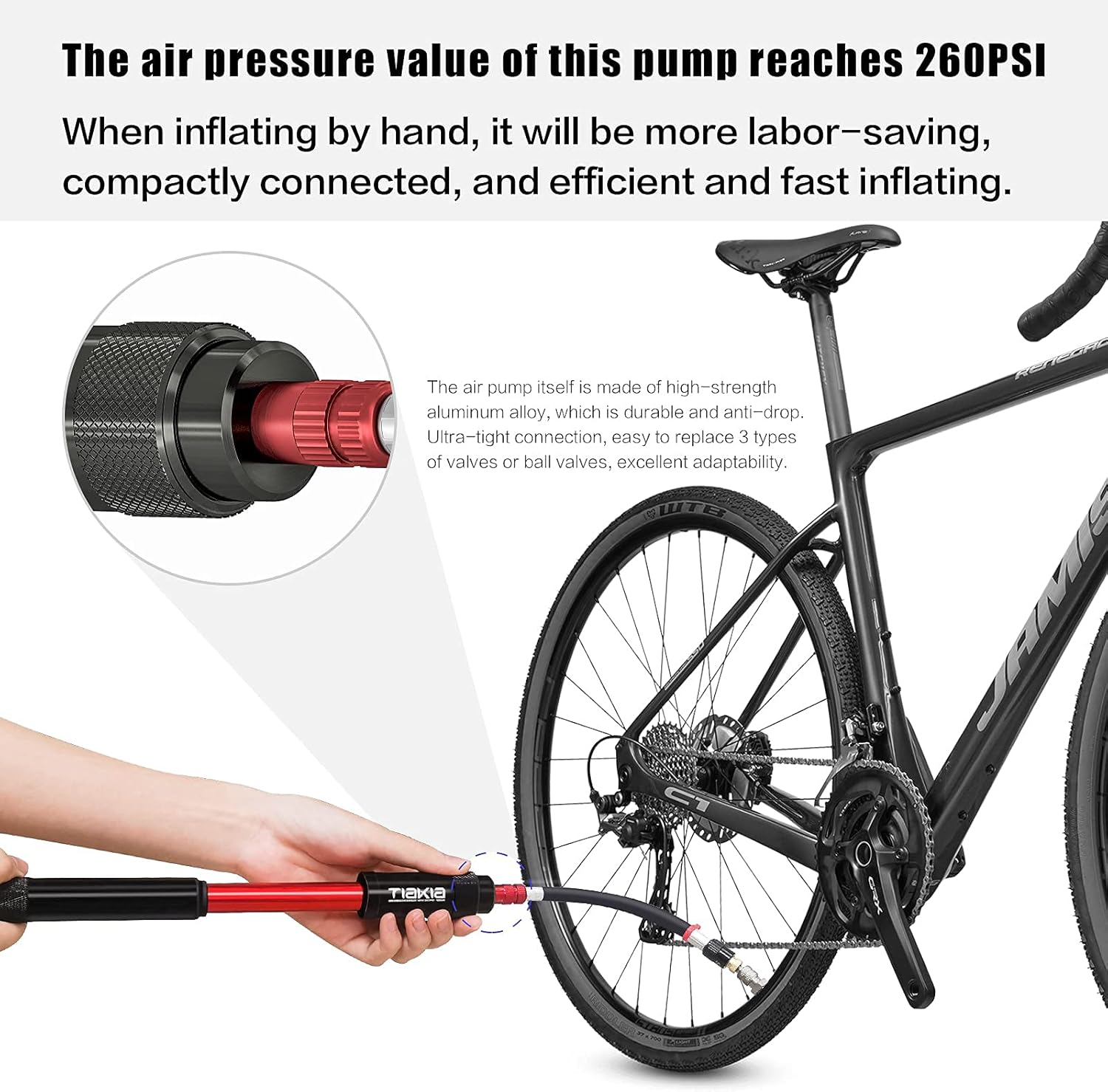 Tiakia Mini Bike Pump High Pressure Pump Light 260PSI - Frame Pump fit Presta, Schrader & Woods Valves, Aluminum Alloy Durable Tire Bicycle Pump for Road/Mountain/BMX Bikes, Include Needle for Balls : Sports & Outdoors