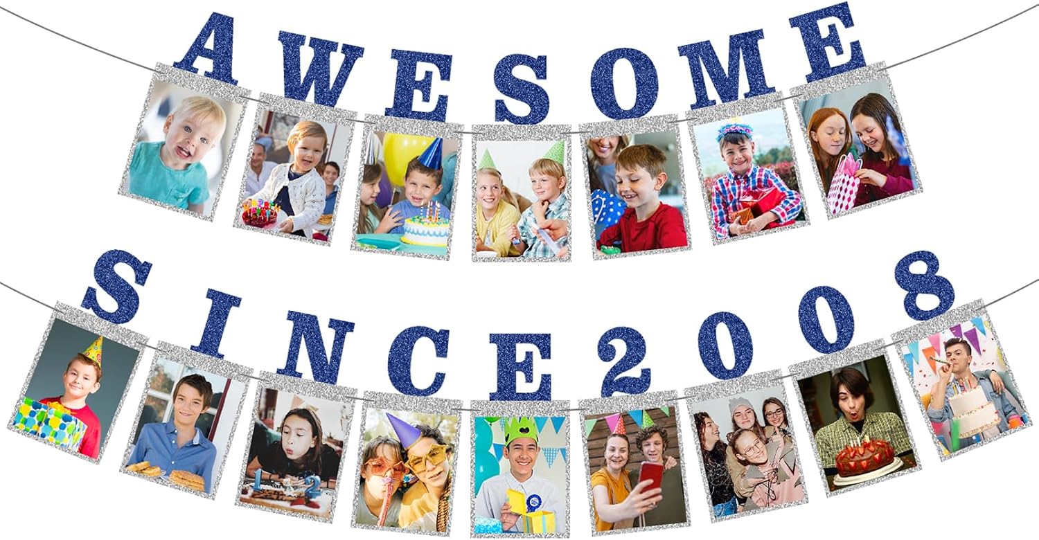 Eiurteao Pre-Strung Awesome Since 2010 Photo Banner Birthday Decorations for Boys Girls - Blue Silver Glitter 16th Birthday and Anniversary Decorations Party Supplies