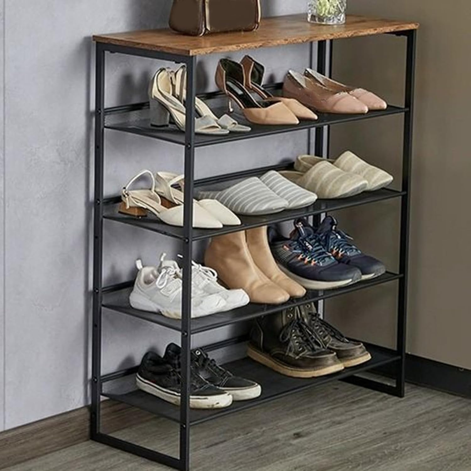 シューズラック スリム 省スペース 約 ブラック 靴箱 薄型 下駄箱 扉なし 木製 天板付き 靴 出し っ ぱなし 収納 シューズボ