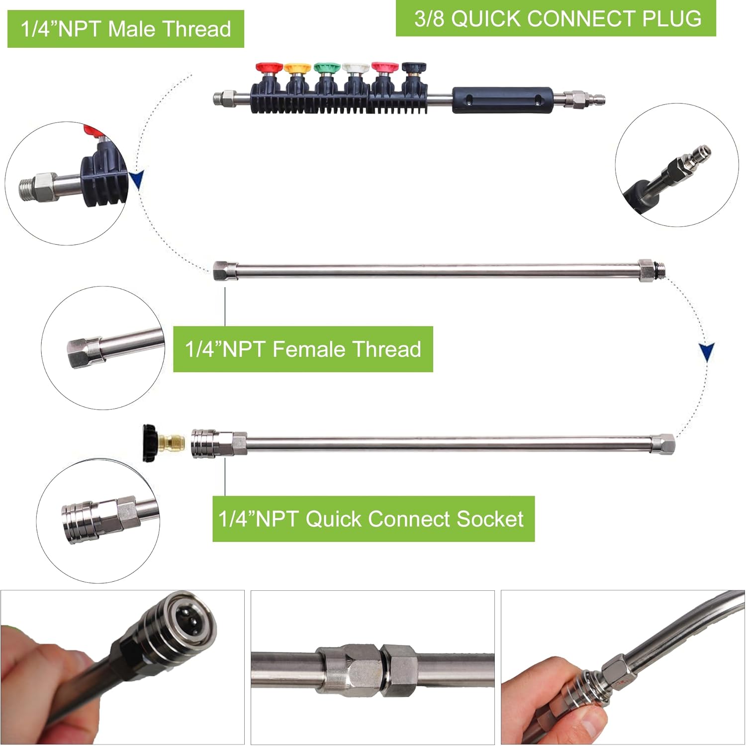 Hourleey 9 Pack Pressure Washer Extension Wand Upgrade Power Washer Lance with 6 Nozzle Tips, 30°,90°,120° Curved Rod, 1/4" Quick Connect, 4000 PSI