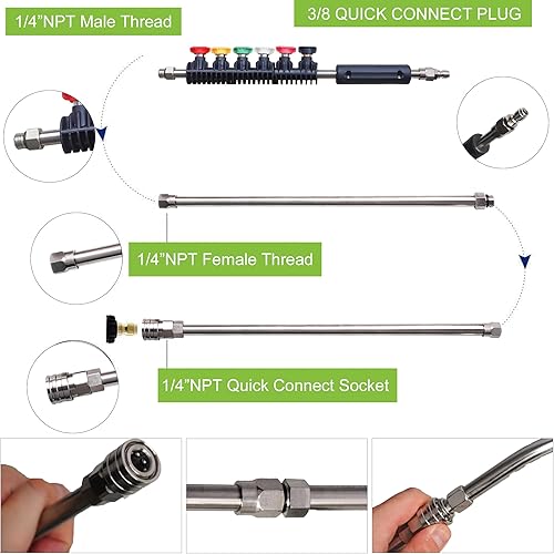 Miniatura 2 de Hourleey Paquete de 9 varillas de extensión para lavadora a presión con 6 puntas de boquilla, varilla curva de 30°, 90°, 120°, conexión rápida de