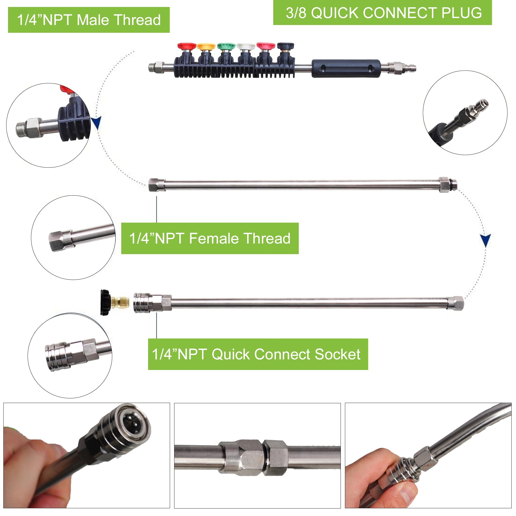 Hourleey Paquete de 9 varillas de extensión para lavadora a presión con 6 puntas de boquilla, varilla curvada de 30°, 90°, 120°, conexión rápida de 0.25 pulgadas, 4000 PSI