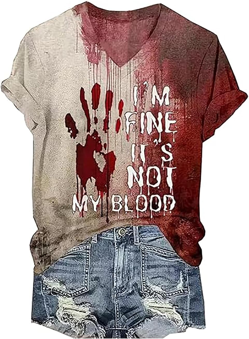 I'm Fine Bloody Shirt Women Problem Solved Bloody Halloween T Shirt Horror Blood Tee V-Neck Blood Splatter Tops