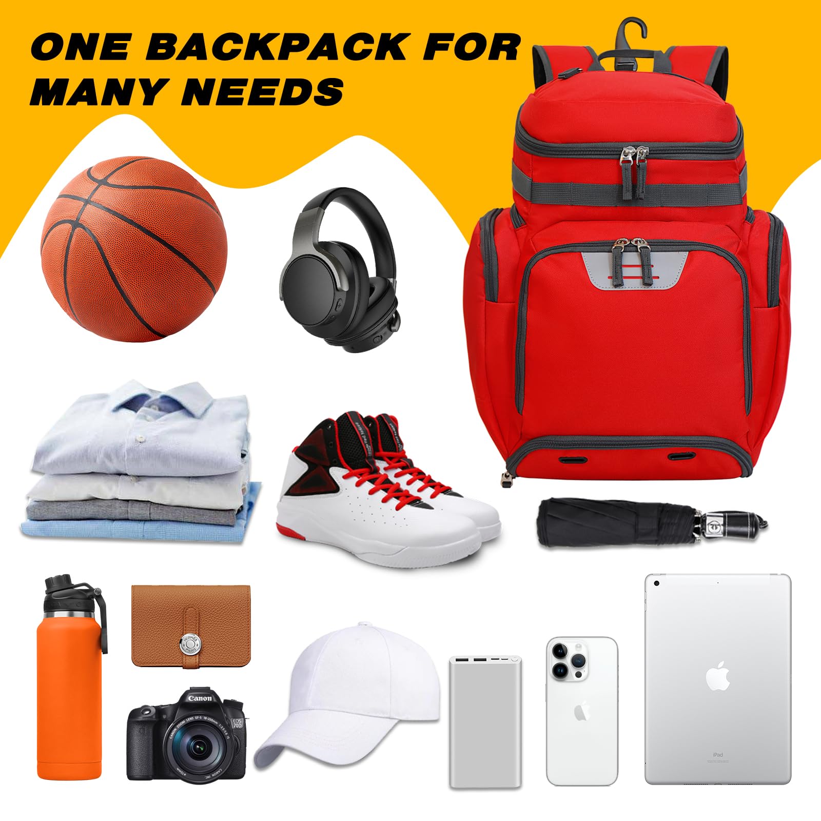 Goloni Basketball-Rucksack mit großem Schuh- und Ballfach, Fußballrucksack, Baseball, Softball, Volleyball, Sportrucksack, Reise-Rucksack, Basketball-Trainingsausrüstung