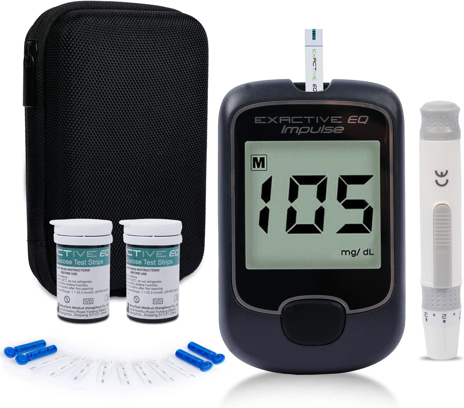Blood Glucose Monitor Kit Diabetes Testing Kit, Exactive EQ Diabetes Testing Kit Blood Glucose Sugar Tester Kit with 50 Test Strips and 50 Lancets-mg/dL