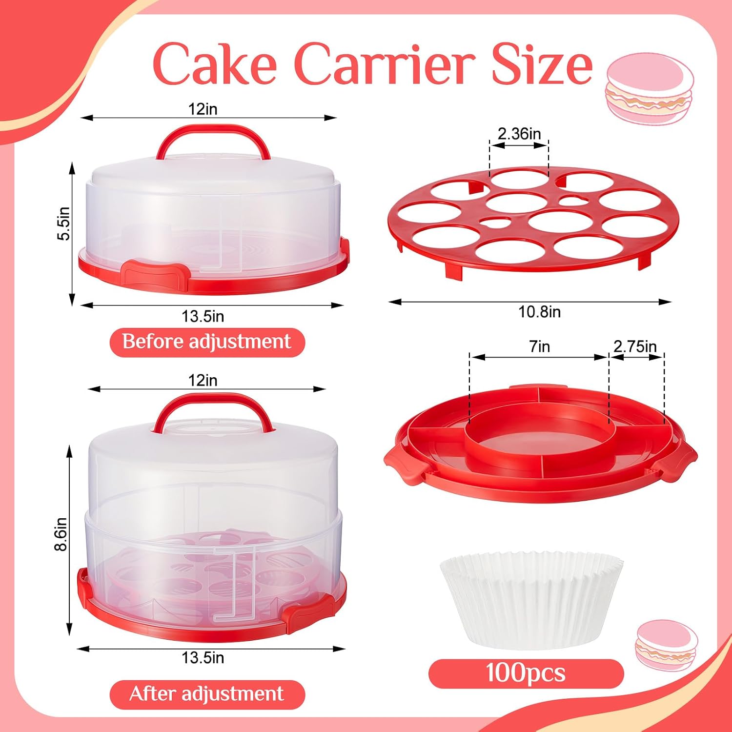 Teenyyou 12 Inch Large Cake Carrier with Lid and Handle for 12" Round 7" High Cake Adjustable Plastic Pies Carrier Portable Cupcakes Transport Container for Cookies Pizza and More(Red)