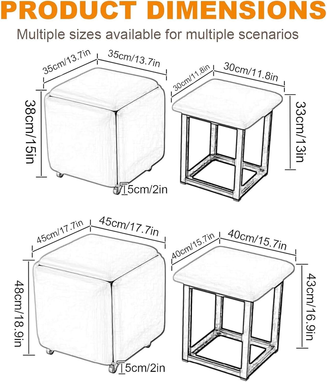 5 in 1 Nesting Ottoman Cube Chair, Flannel Movable Stackable Stools, Square Sofa Stool, Foot Stool with Wheels for Living Room Dining Room(17.7in, Blue)