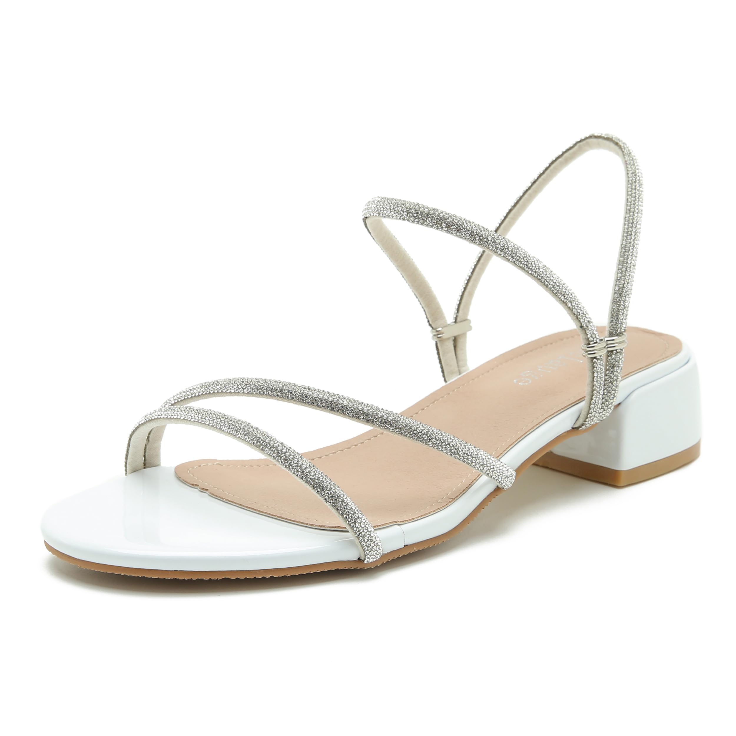 Enelauge Women's Rhinestone Strappy Open Toe Low Block Chunky Heels Sandals Backless Summer Holiday Party Wedding Dress Shoes
