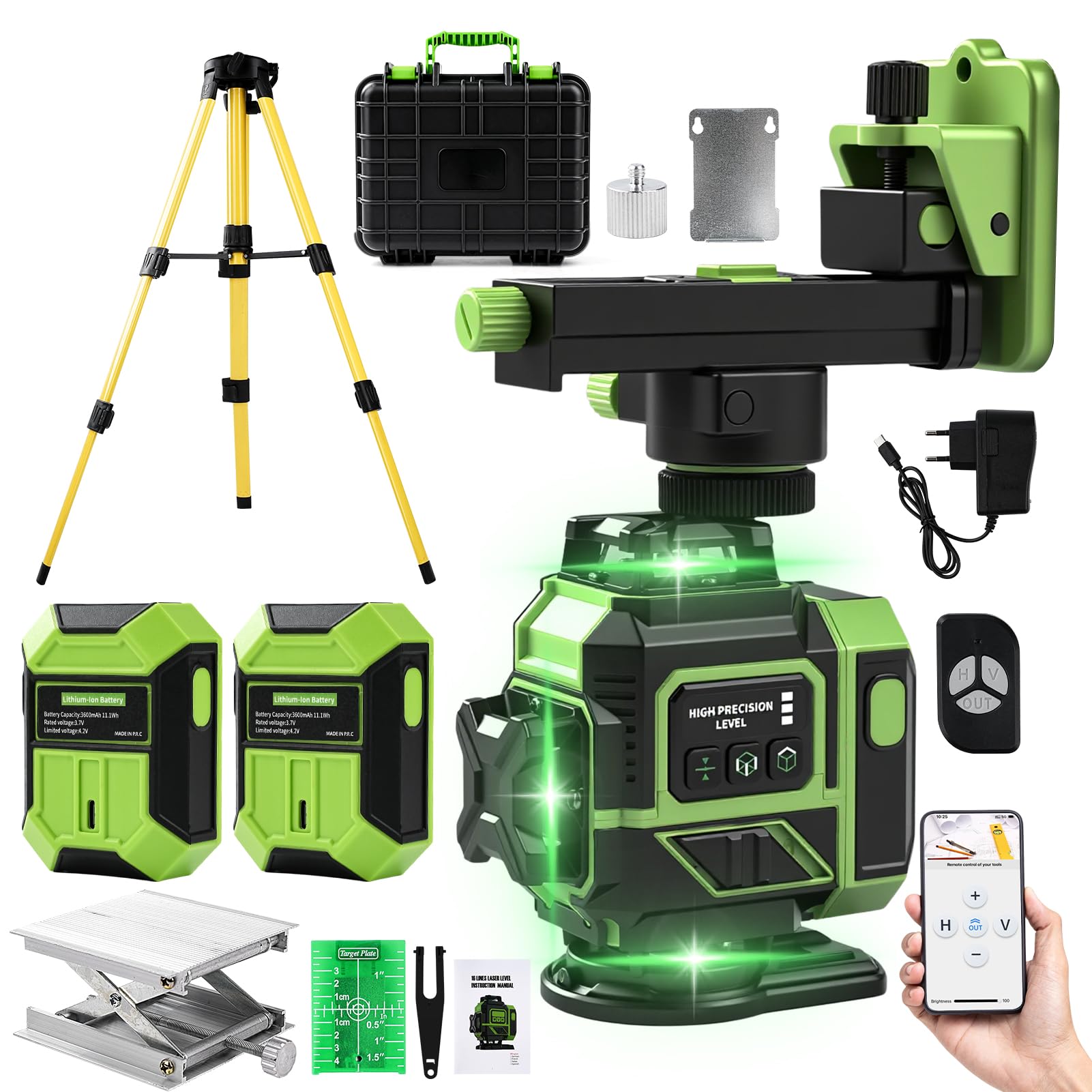 Nivel Laser Autonivelante 16 líneas 360 Grados, 4 x 360 Láser de línea con Trípode, Plataforma Elevadora y Soporte de Pared, Batería, Control Remoto, láser Cruzado Uso Interior y Exterior, verde