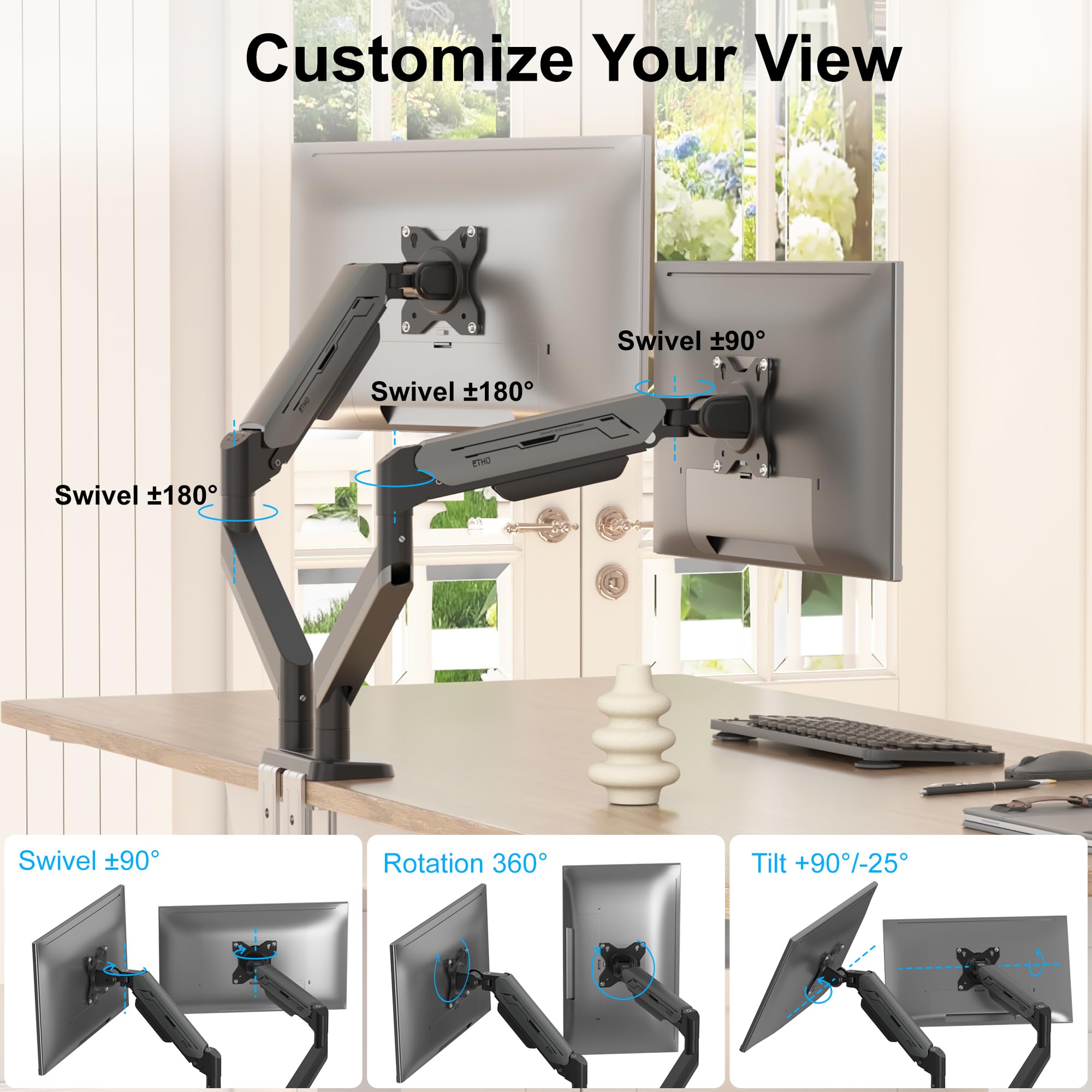 ETHU Braccio doppio per monitor con molla a gas, supporto VESA regolabile resistente per schermi da 17 a 38 pollici fino a 12 kg, supporto da scrivania ergonomico con morsetto a C e installazione con