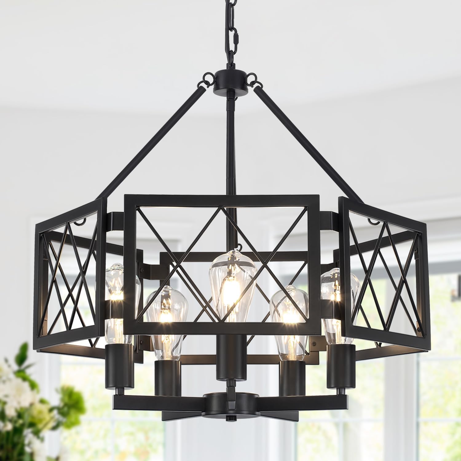 19.7” Black Dining Room Light Fixtures, 5-Light Modern Farmhouse Foyer Chandeliers for High Ceilings Kitchen Hanging Lights Industrial Geometric Chandelier for Entryway Hallway Bedroom Living Room