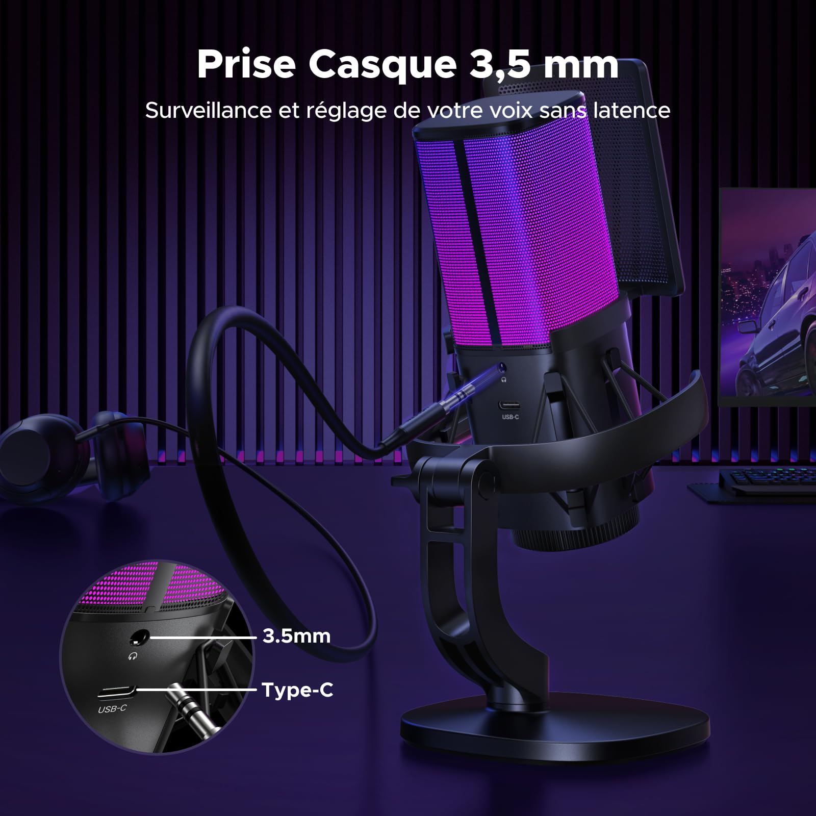 UGREEN Micro Gaming Microphone USB avec RGB 96KHz 24bit Réduction du Bruit DSP pour Enregistrement Gaming Streaming Podcast Compatible avec PS5 4 Laptop