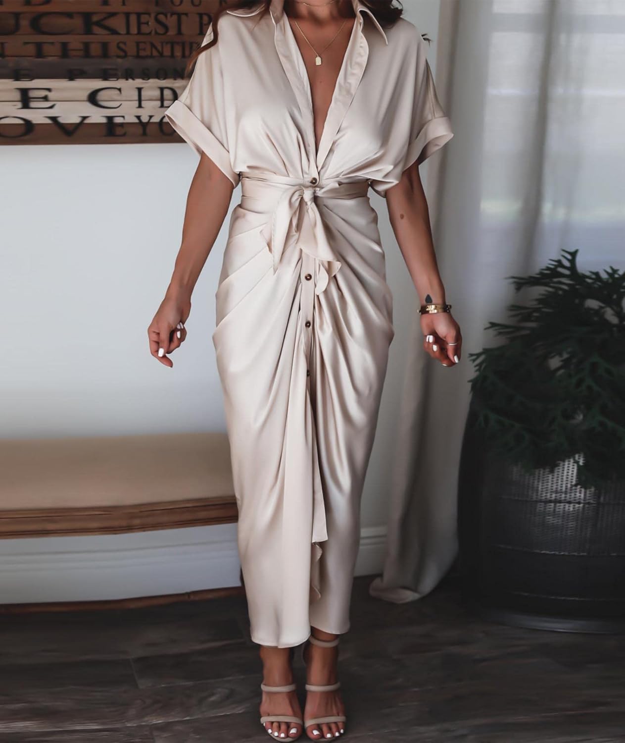 Sexyshine Women's Satin Button Down Shirt Dress Lapel V Neck Short Sleeve Tie Waist Ruched Wrap Cocktail Party Midi Dresses - Image 5