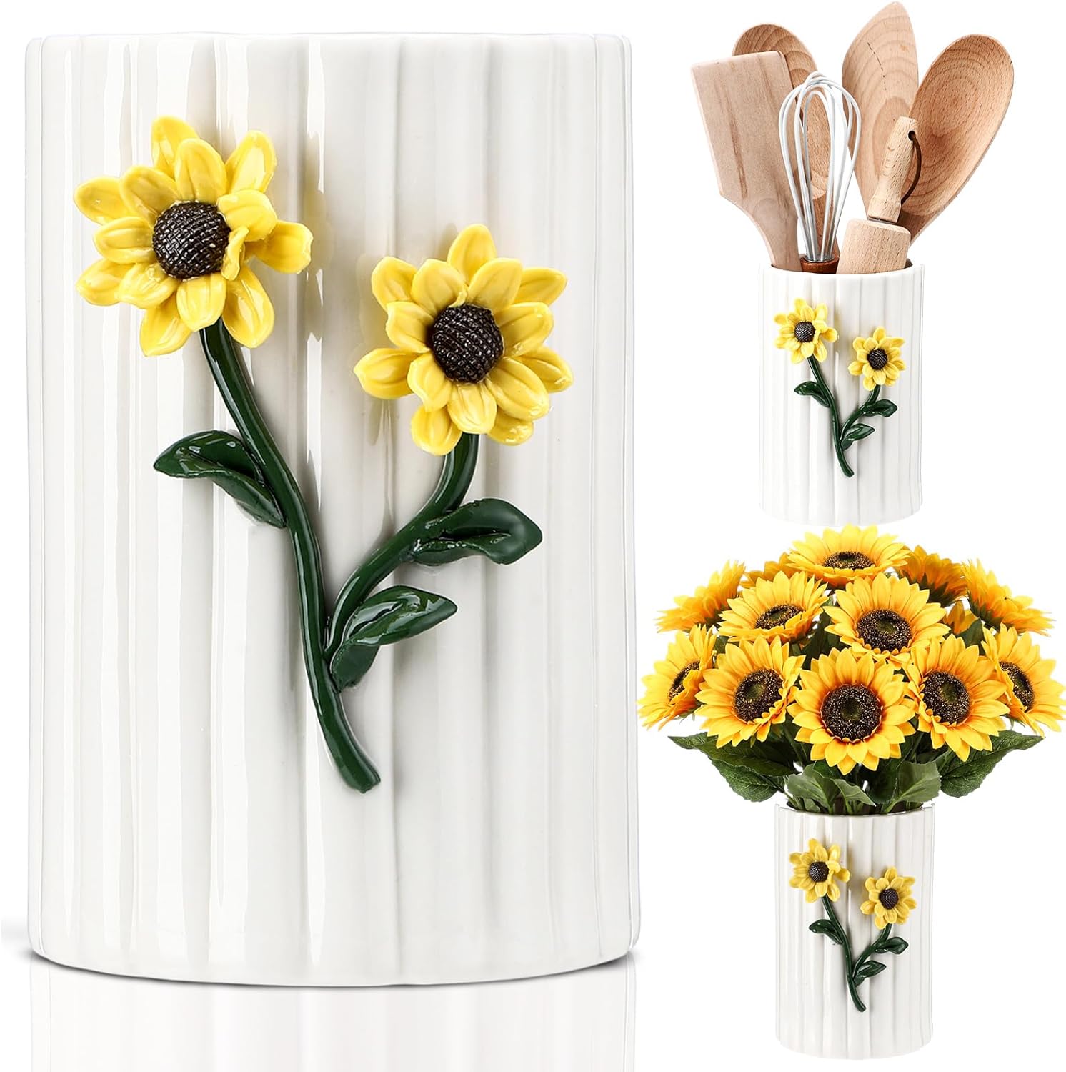 LemonRoad Ceramic Utensil Holder - 3D Sunflower Kitchen Decor, Countertop Cooking Tool Storage Crock for Spatulas, Whisks, Vase Decor Pen Holder for Gift