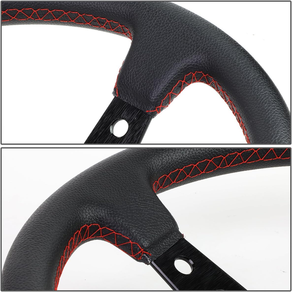 DNA MOTORING 350mm 3" Deep Dish Racing Steering Wheel 6-Bolt 3 Spoke Universal Aluminum Vinyl Leather Car Sport Steering Wheel, Black Spoke/Red Stripe, SW-T510-BK-RD