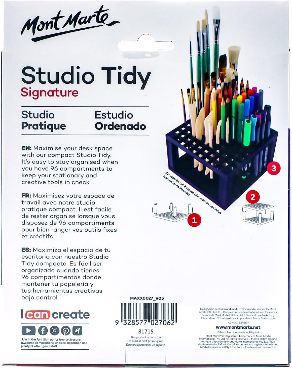 Mont Marte Studio Tidy 2 Pack. 96 Hole Plastic Pencil & Brush Holder for Paint Brushes, Pencils, Markers, Pens and Modeling Tools. Provides Excellent Art Studio Organization.