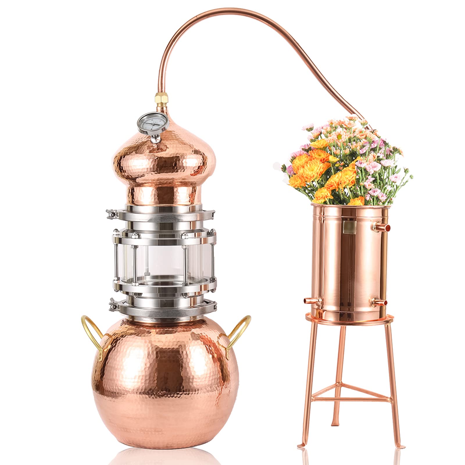 Distillatore al Chiaro di Luna in Rame Puro da 10 Litri, alambicco per Birra Fatta in casa, con Tubo di Raffreddamento e Kit termometro, per Whisky, Oli Essenziali al Chiaro di Luna
