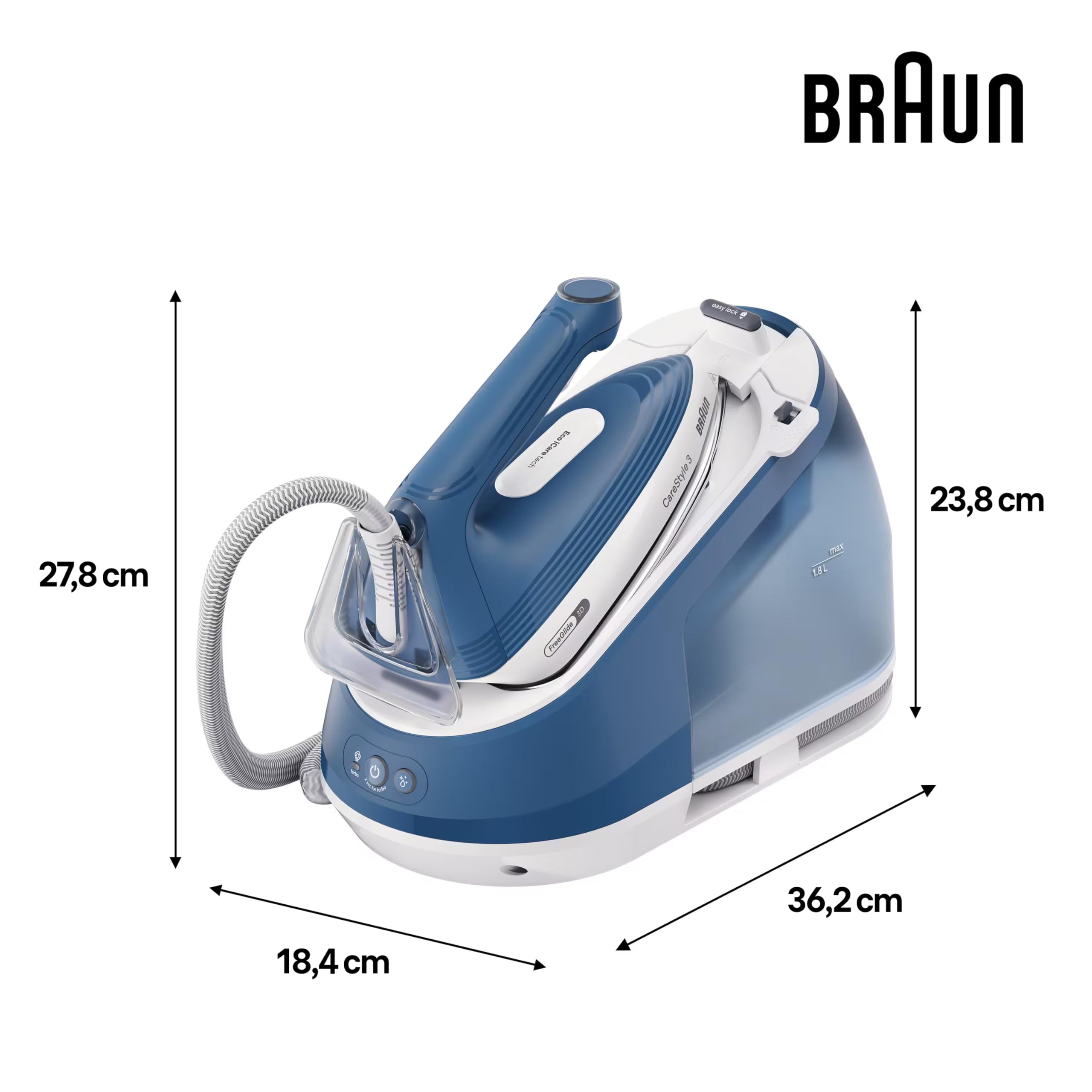 Braun CareStyle 3 – Centro de Planchado Compacto, Plancha de Vapor con Caldera 7 Bar, Tecnología Eco iCare, Suela FreeGlide 3D, Planchado Rápido y Suave, Azul (IS3255BL)