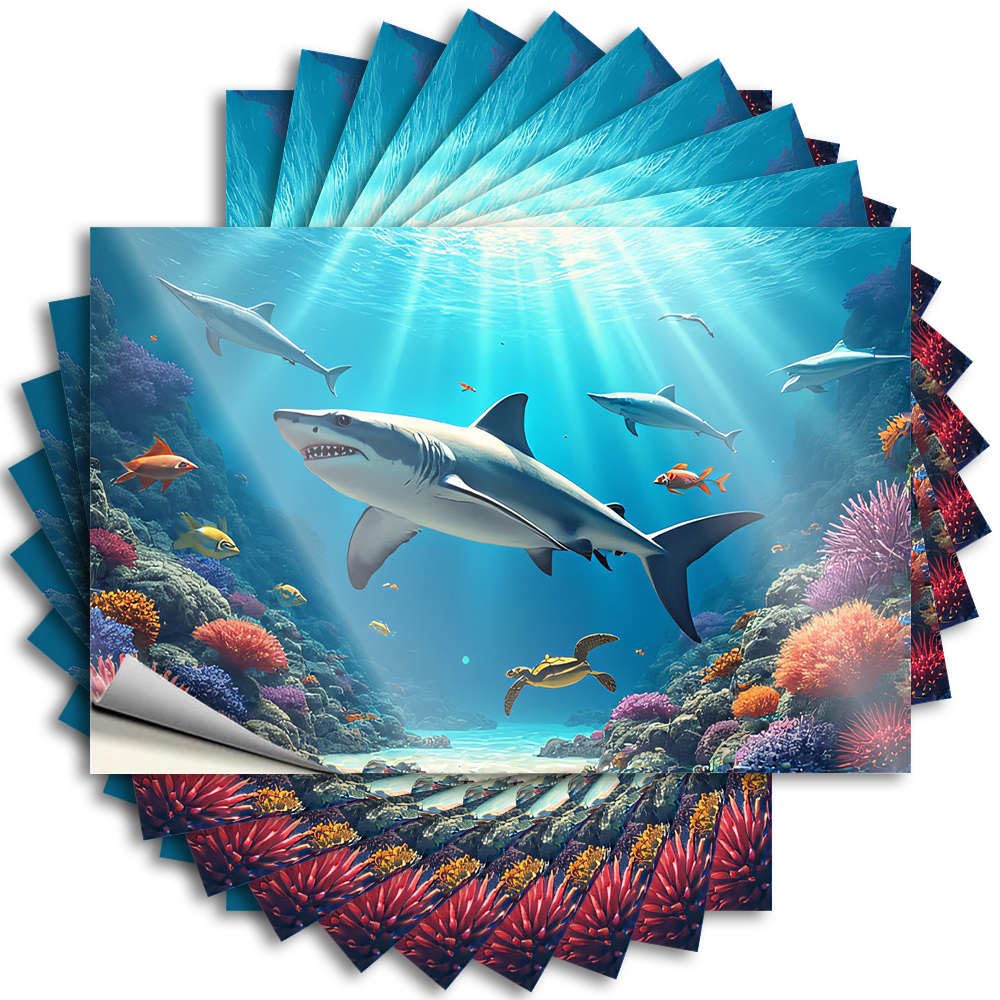 Fall Door Decorations Smiley Face Sticker - Sharks Swim Among Colorful Coral Reefs Removable Decal Case Easy Peel for Tiki(6X9CM)