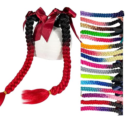 Hai Hong Helmet Hair Helmet Pigtails Gradient Ramp Helmet Ponytail with Suction Cup for Motorcycle Bike Ombre Color 2PCS - Black-red