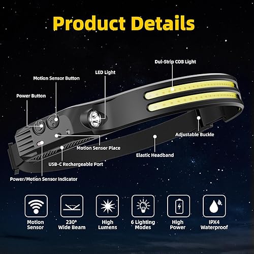Miniatura 5 de Linterna frontal LED recargable, 3 unidades, luces de cabeza superbrillantes COB de 230° para la frente, luz de casco duro para adultos, linterna