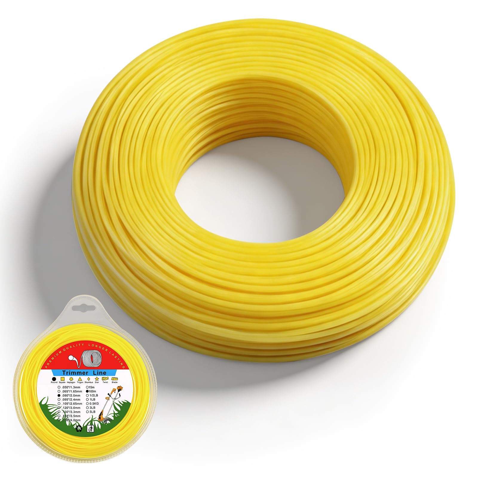 YedZen Heavy Duty Strimmer Line 2 mm with Storage Box, Universal Nylon Strimmer Wire for Most String Trimmer, Round Cord, 2 mm x 100 m, Yellow
