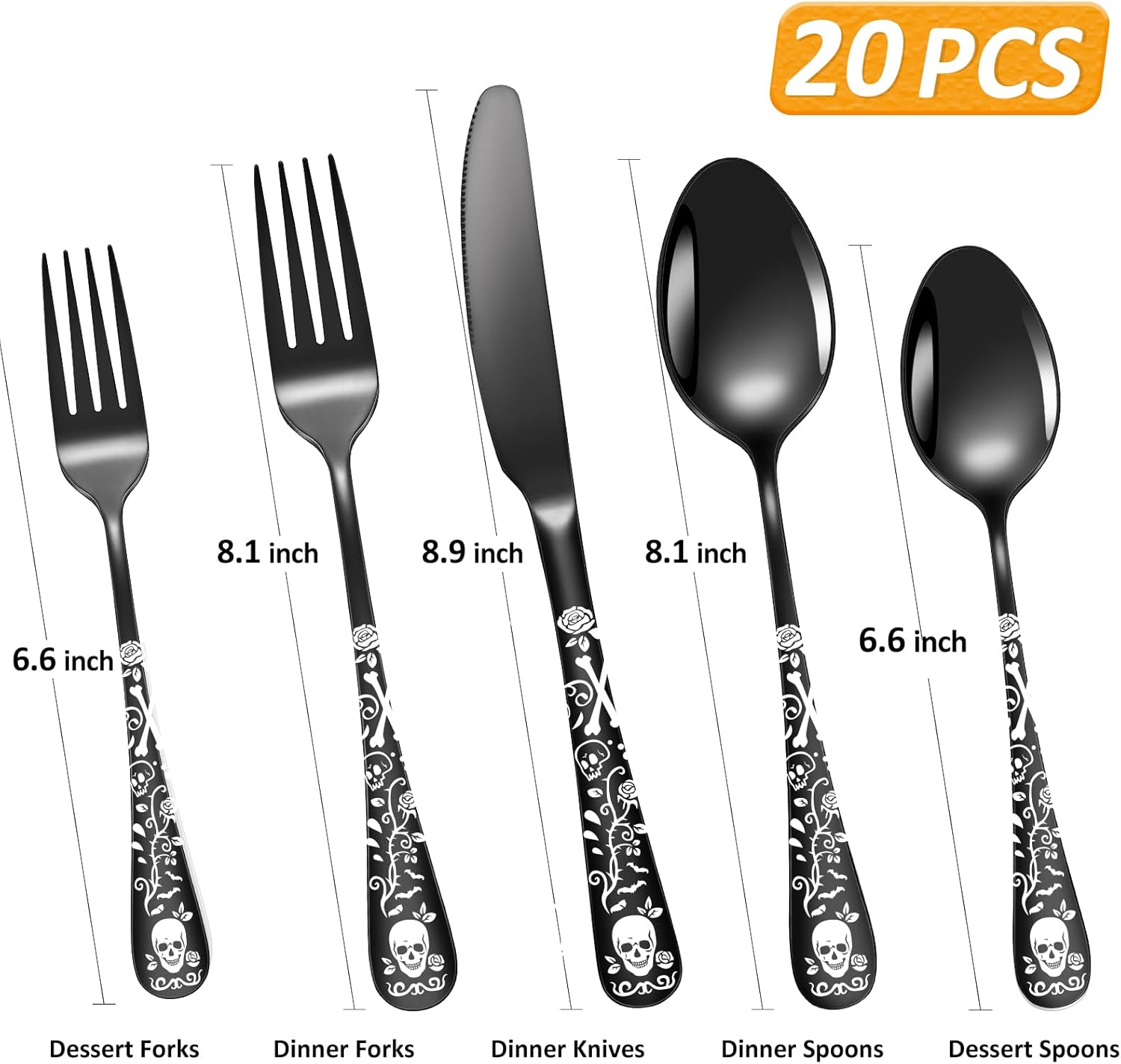 20-Piece Black Skull Silverware Set for 4, Flatware Set Stainless Steel Spoons,Forks,Knife Gothic Pattern Unique Design Utensil Sets Tableware Cutlery, Mirror Polished, Dishwasher Safe Party Supplies