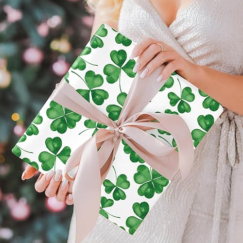 Miniatura 7 de Whaline 12 hojas de papel de regalo del día de San Patricio, papel de regalo de trébol de acuarela, papel de arte verde a granel, plegado plano para