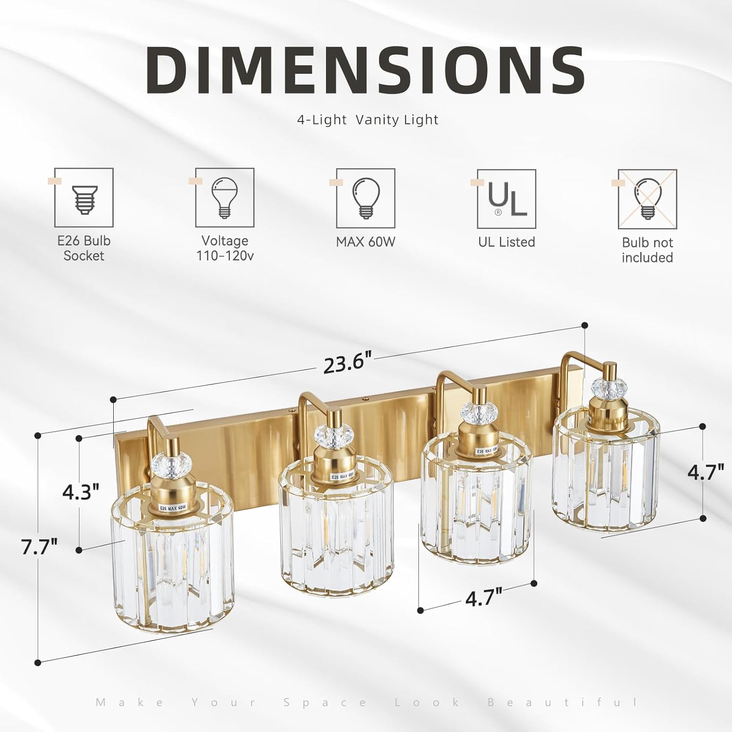 4-Light Brushed Brass Bathroom Light Fixtures Modern Vanity Lights Over Mirror Gold Bathroom Vanity Lighting with Crystal Shade E26 Base Wall Sconce for Bedroom Living Room Restroom Wall Lamp