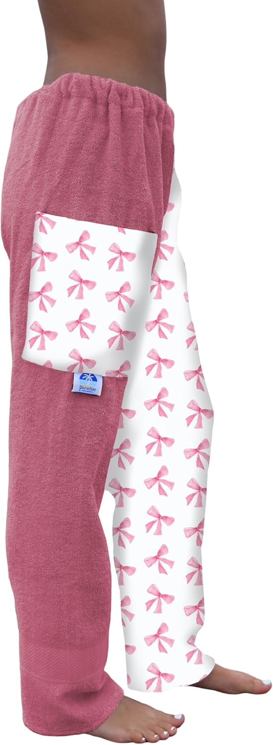 Towel Pants for Swimmers – Pink Bows - Cotton Terry Towel Pants – Beach Coverup – Resort Wear – Swim wear