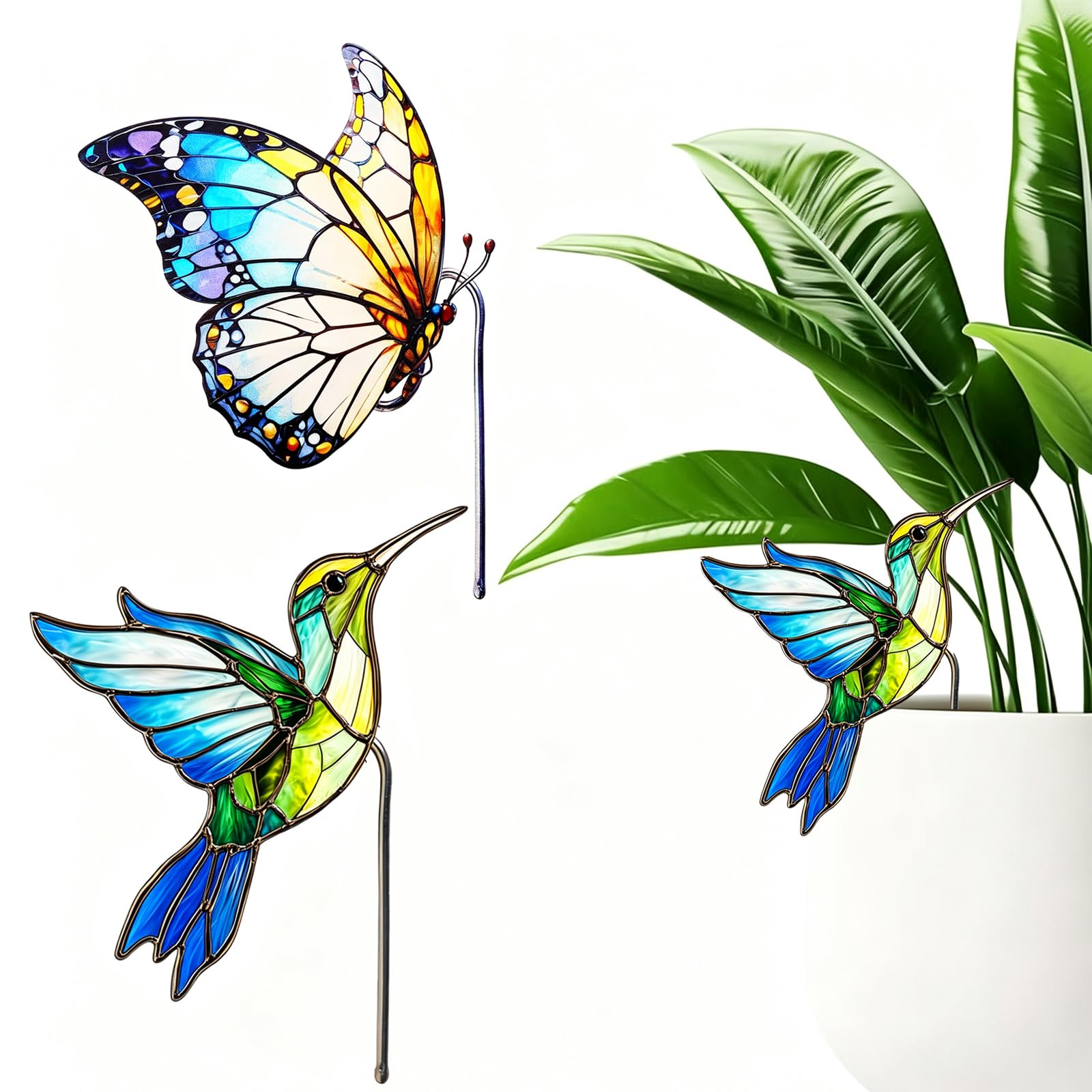 Aqua Blue Hummingbird Plant Decor - Farmhouse Style -10