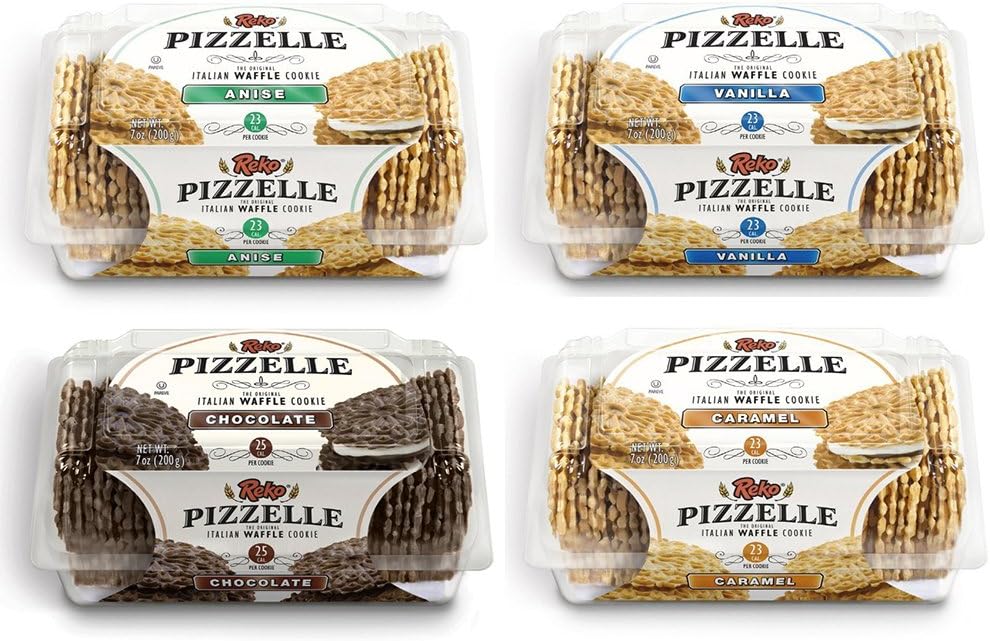 Reko Pizzelle Authentic Italian Style Waffle Cookie Sampler: 1 Pack Each Anise, Dark Chocolate, Dulce de Leche, Vanilla