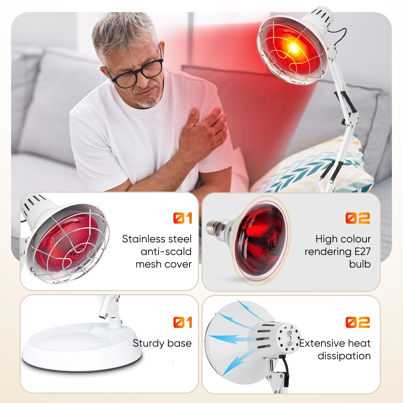 AUOROSI lampada infrarossi 100W,Lampada riscaldante a luce rossa, 600nm-1400nm Lampada per fisioterapia,Infrarossi terapia per uso domestico,Bianca