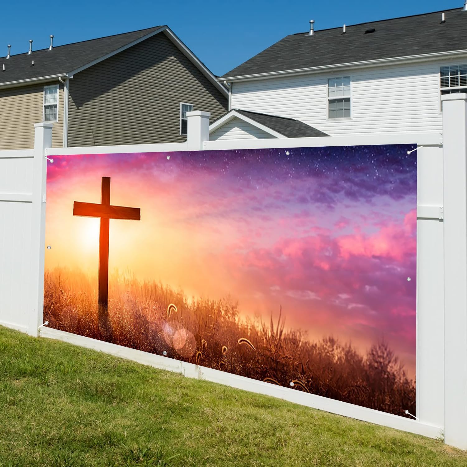 7x8ft Easter Garage Door Banner Decorations Jesus Christ Cross Blue Sky Holy Lights Garage Buddy Door Cover Backdrop for Outdoor Church Sanctuary Holiday Party Supplies Home Wall Door Decor