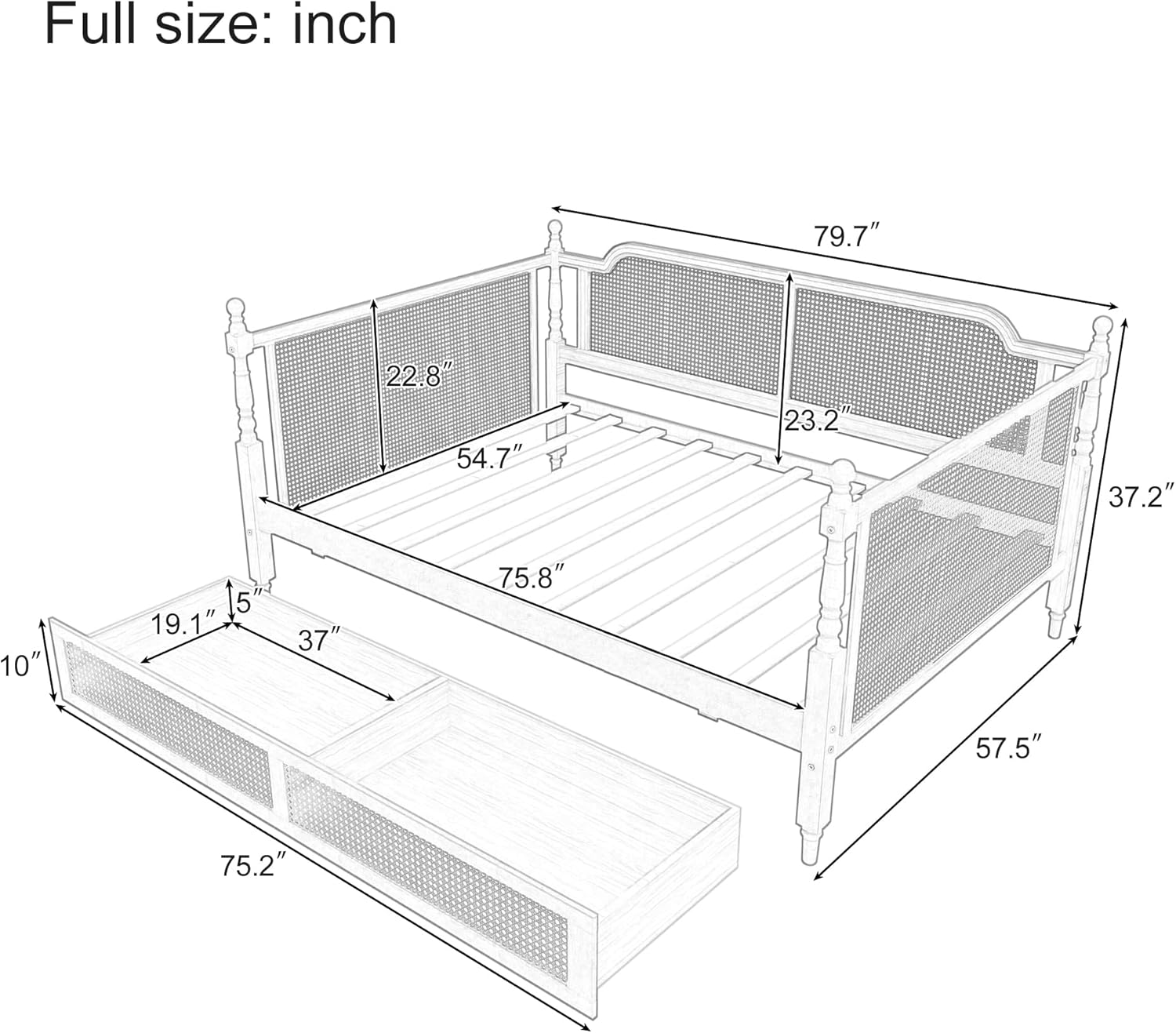 Traditional Style Rattan Full Size Daybed with 2 Drawers,Full Size Wood Daybed Frame for Limited Space, Guest Room,Bedroom, Dormitory, Apartment (Full +with 2 Drawers/Walnut)