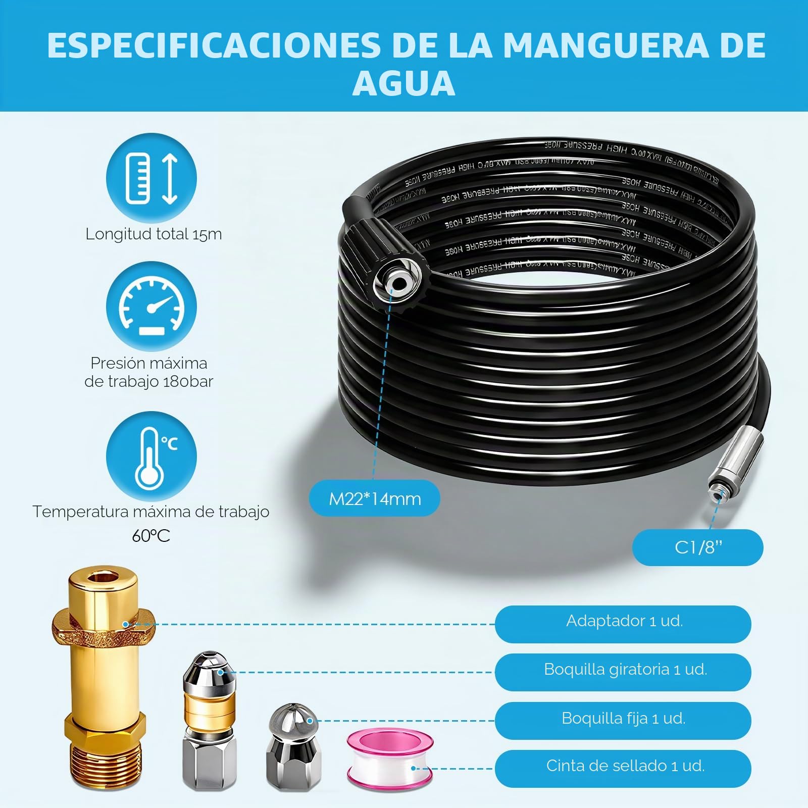 Manguera de Limpieza de Tuberías, 15m, 180 bar, M22, Boquilla Giratoria | Compatible con Kärcher K2–K7, Universal, Para desatascar tuberías, Uso en hogar y jardín