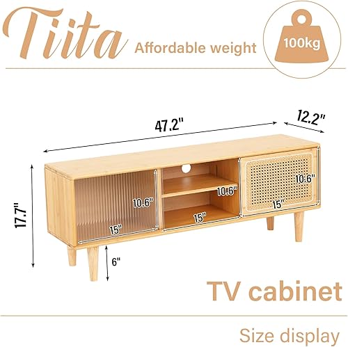 Miniatura 2 de Tiita Soporte de TV de ratán para TV de 55 pulgadas, gabinete de TV de bambú con estante ajustable y almacenamiento, centro de entretenimiento