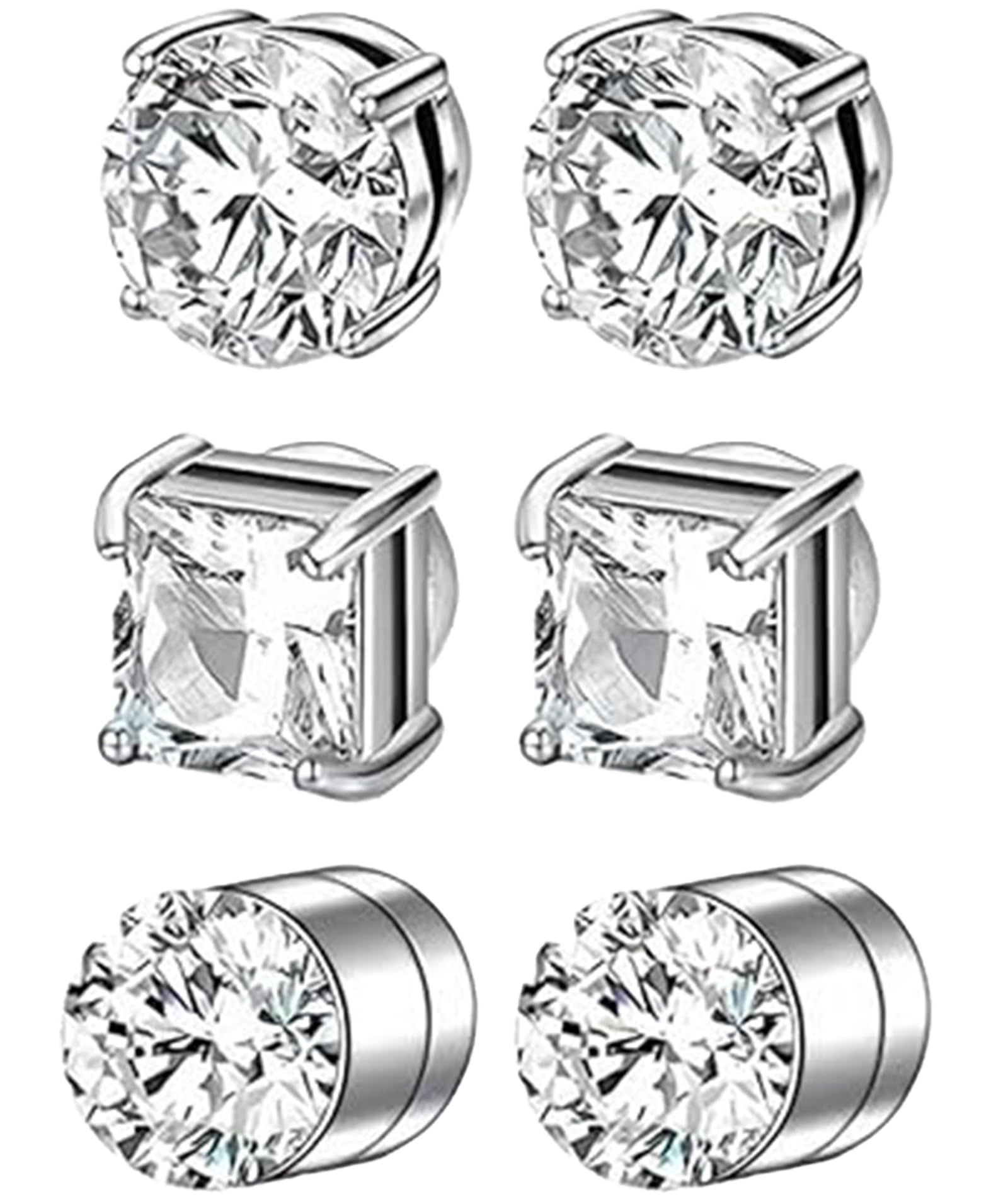 3 Pairs Magnetic Earrings for Men, Silver Rhinestone Stud Earrings, Non-Pierced Clip-On Magnetic Ear Studs for Men and Women, Round and Square Design for All Occasions
