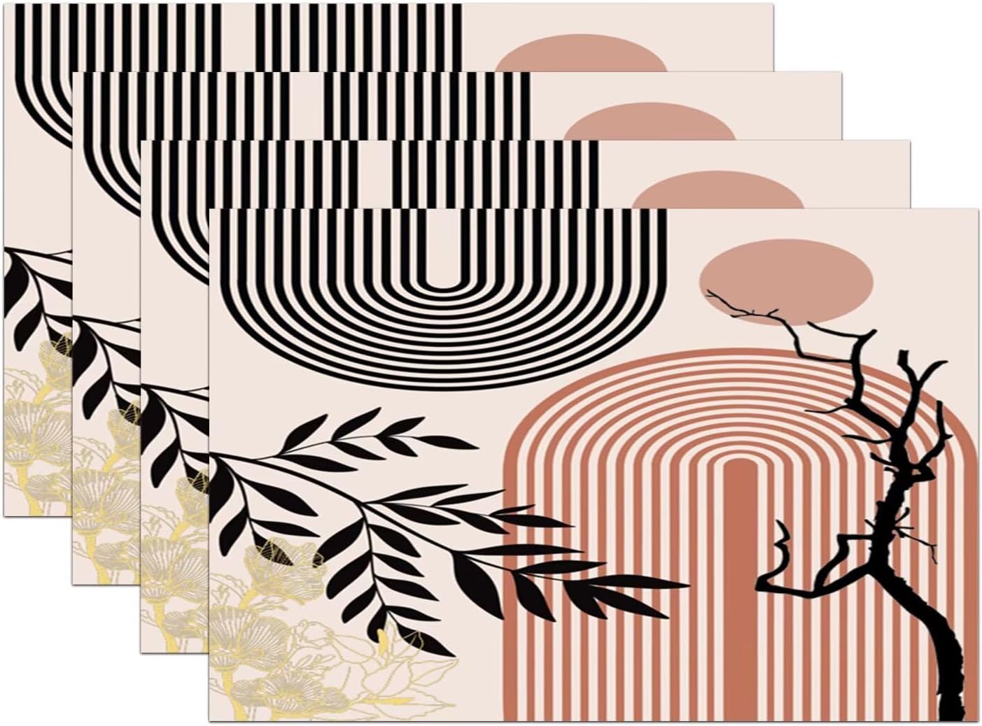 Abstract Mid Century Plant Placemats Boho Retro Tropical Palm Sun Arch Minimalist Modern Aesthetic Geometric Washable Place Mats 12x18Inch for Dining Kitchen Farmhouse Decor 6 PCS