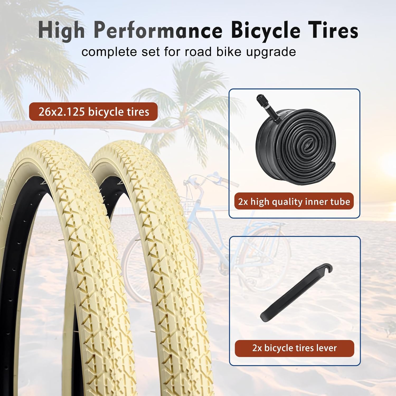 Bike Tires, HUIOK 26x2.125 Bicycle Tire Folding Beach Cruiser Tires Replacement with Tubes and Levers