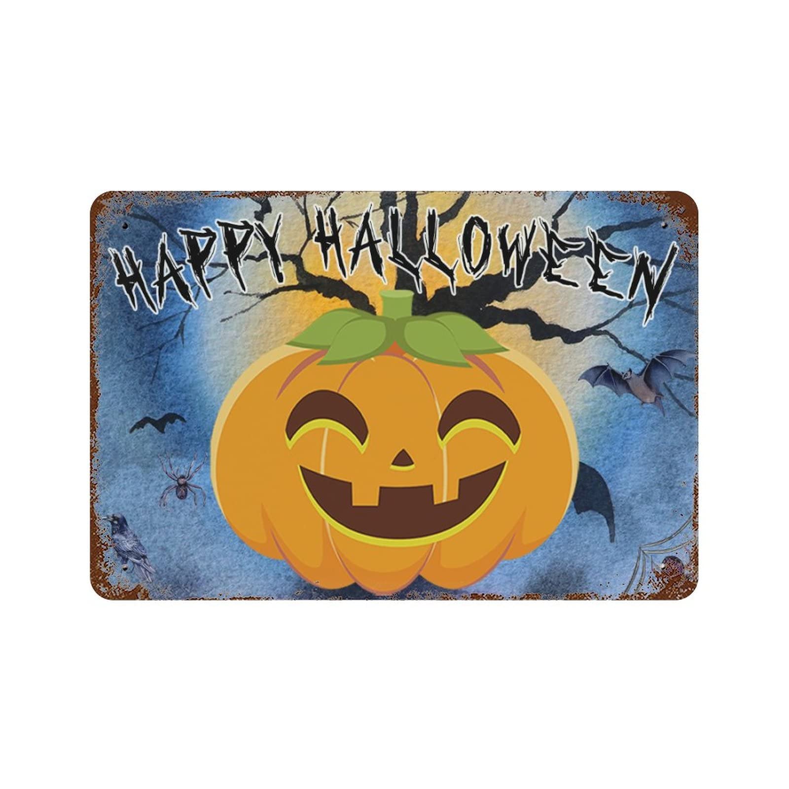 Panneau métal Happy Halloween avec citrouille sculptée et chauve-souris