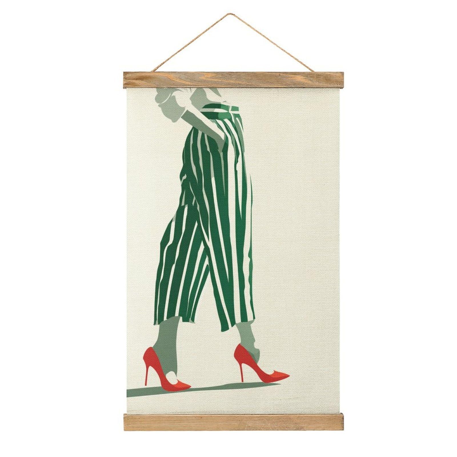 Jubonexis Minimalist Green White Striped Pants Red Heels Canvas Painting Wood Frames Poster Hanger Hanging Picture Kit Wall Art