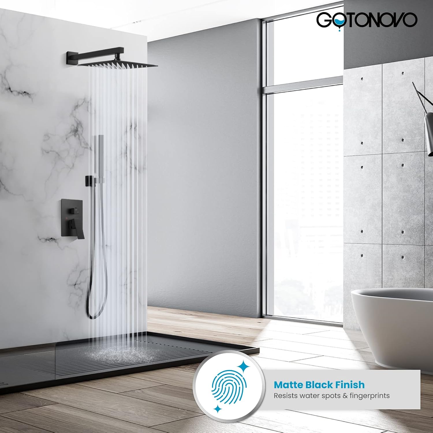gotonovo Shower Faucet Set Matte Black 12 Inch Square Showerhead Wall Mount Bathroom Rainfall Shower System Shower Trim Kit 2 in 1 Cylindrical Handheld shower with Rough-in Valve