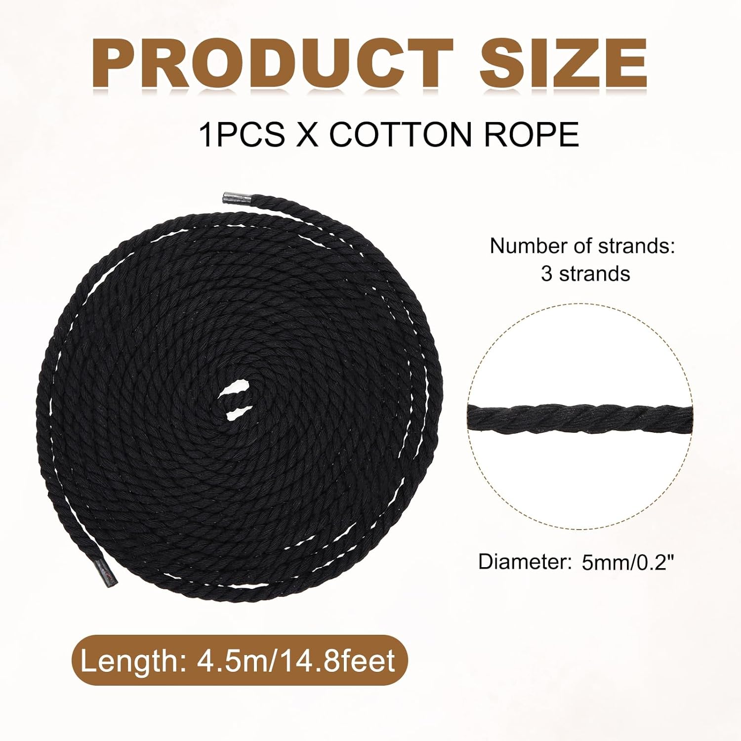 MECCANIXITY 5mm x 14.8 Feet Black Cotton Rope, 3 Strand Clothes Line Outdoors Twisted Braided Thick Macrame Cord for DIY Wall Hanging Plant Hanger Knotting Clothesline
