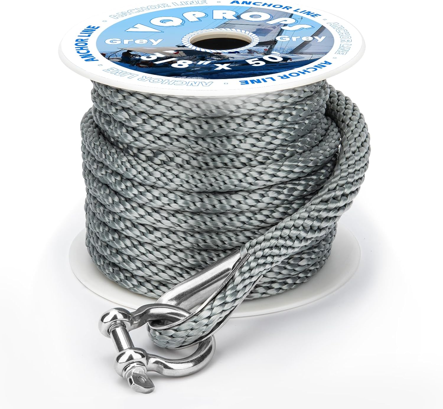 Anchor Line 3/8 inch 50ft. Grey Double Braided Nylon MFP Boat Anchor Rope ,with Stainless Steel Thimble and Shackle ,Anchor Line Fittings for Anchors and Boats Marine Rope