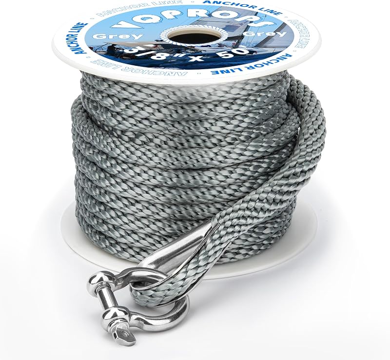Línea de anclaje para barcos gris de 3/8 pulgadas x 50 pies con dedal y grillete | Línea de anclaje para embarcaciones de doble trenzado con guardacabo y grillete de acero inoxidable para fondeo, amarre y uso marino en general.